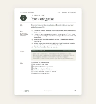 Sample page from The 30-Day AI Launch Kit: Day 1, "Your starting point," with a goal, five short steps, a copy-paste prompt box and a done checklist.