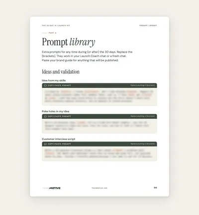 Sample page from the kit's prompt library: "Ideas and validation," with three copy-paste prompt boxes. Prompt text is blurred in this preview.