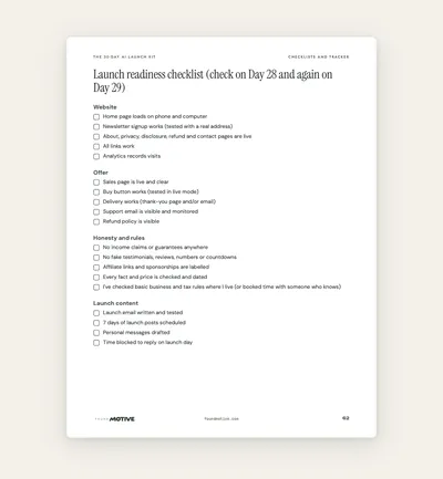 Sample page from the kit: a launch readiness checklist with tick boxes for website, offer, honesty and rules, and launch content.