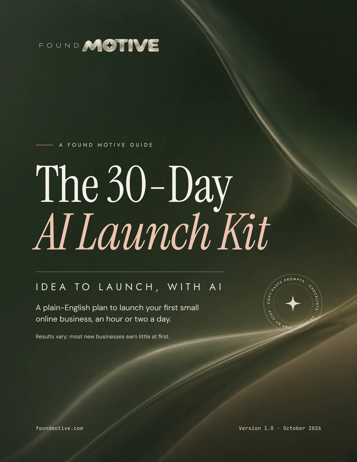 The kit cover: The 30-Day AI Launch Kit, a Found Motive guide. Idea to launch, with AI.
