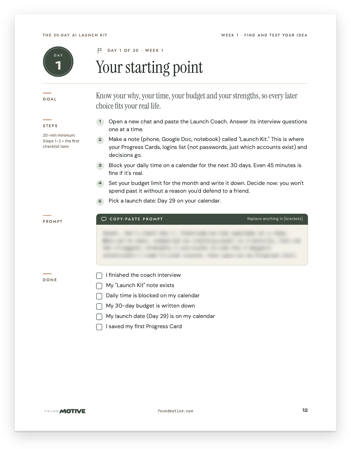 Day 1 page from the kit: goal, five steps, a copy-paste prompt (blurred here) and a done checklist