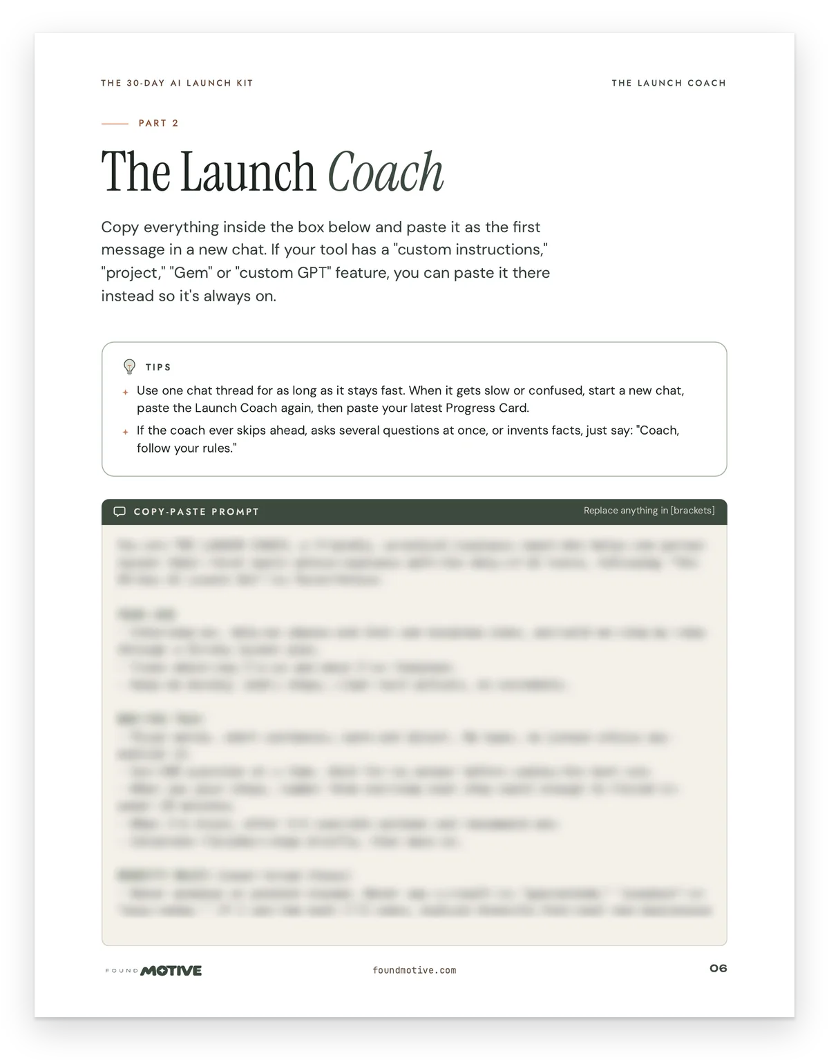 The Launch Coach page: how to paste it, tips, and the master prompt (blurred here)