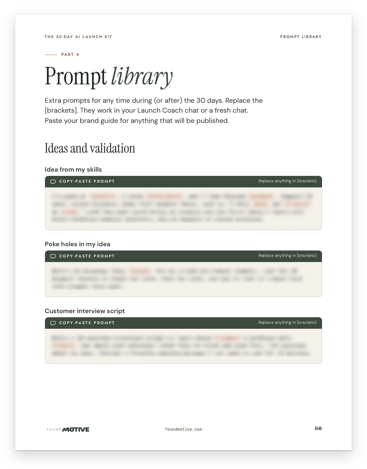 Prompt library page: Ideas and validation prompts (blurred here)